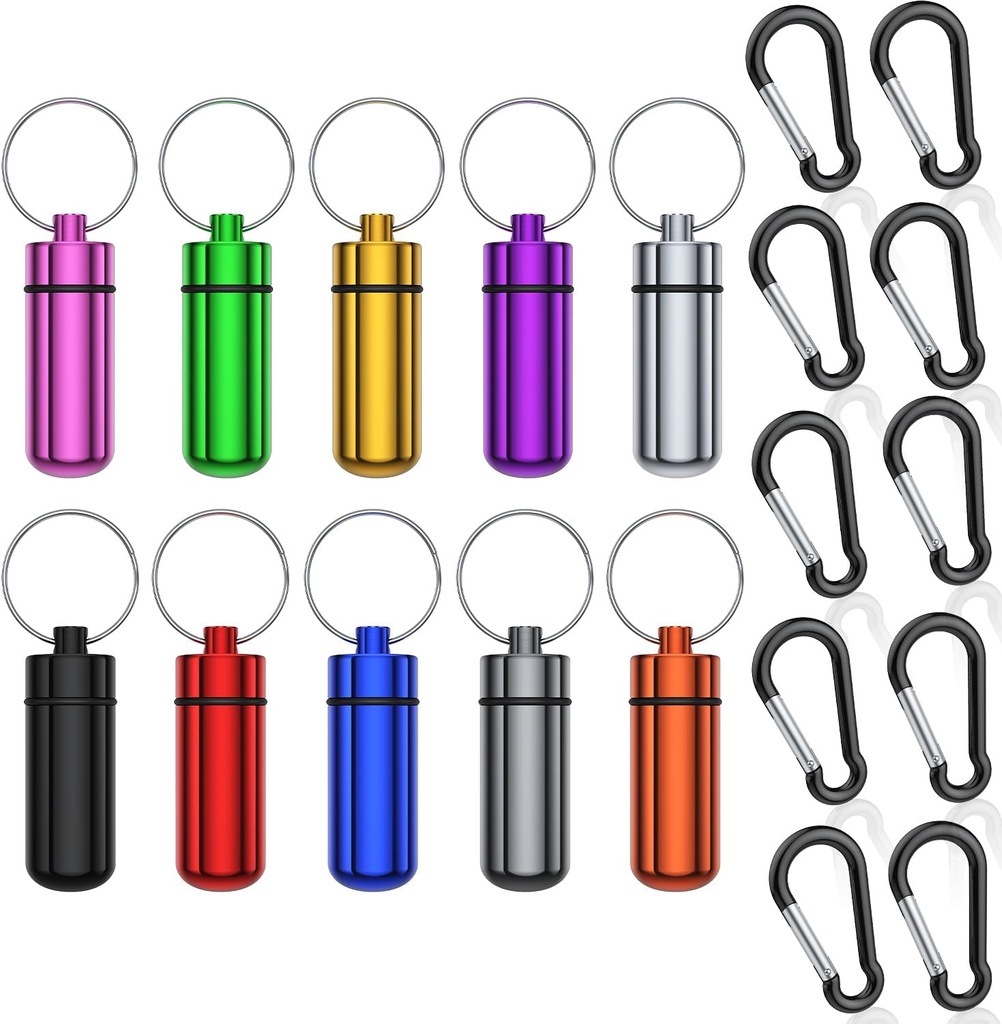 Small Portable Pill Case med Keychain, (10 Pack + 10 Carabiner Clips) Vattentät Aluminium Pill Organizer Metal Mini Box Pocket Drug Storage Container för utomhus Camping Travel