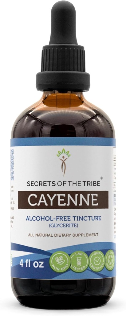 Hemligheter i stammen Cayenne Tincture Alcohol-Free Extract, High-Potency Herbal Drops, Tincture Made från Cayenne Capsicum annuum Invigorating Effect 4 oz