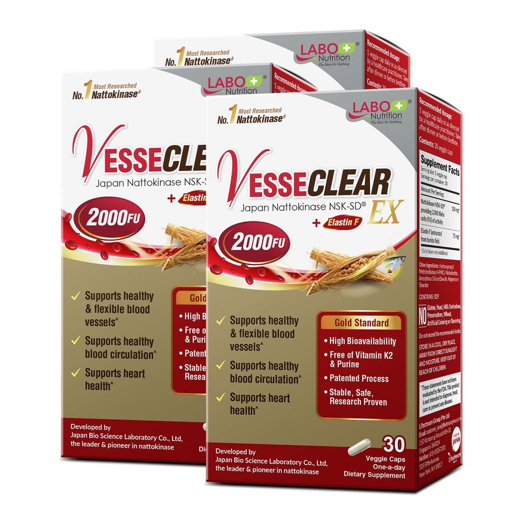LABO Nutrition VesseCLEAR EX: Nattokinase NSK-SD+Elastin F for Clean & Flexible Blood Vessel. Japans mest kliniskt Studied, Functional Dose, Acid-Resistant/Delayed Release Capsules, 90 Count