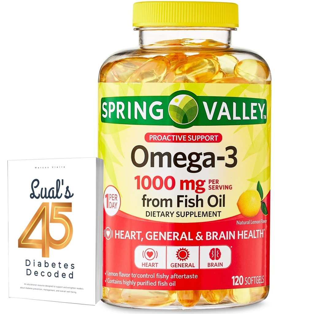 Omega-3 från Fish Oil Heart General & Brain Health Dietary Supplement Softgels, 1000 mg, 120 greve Bundle med Lualls 45 Diabetes Decoded