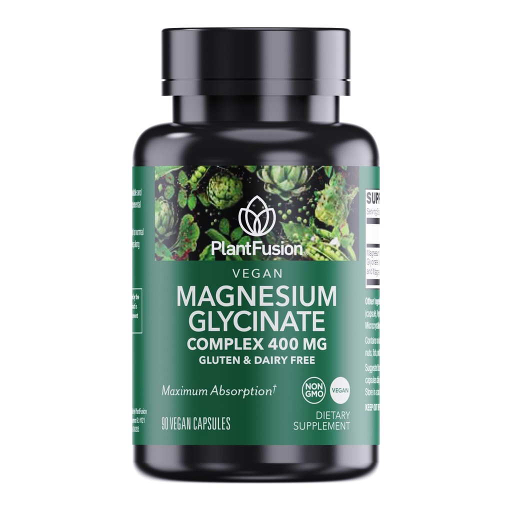 PlantFusion Vegan Magnesium Glycinate Komplex 400 mg - Hög Absorption & Bioavailability - Chelated - Stöder muskelavkoppling, sömn, Cardio hälsa, stressavlastning och energiproduktion - Icke GMO