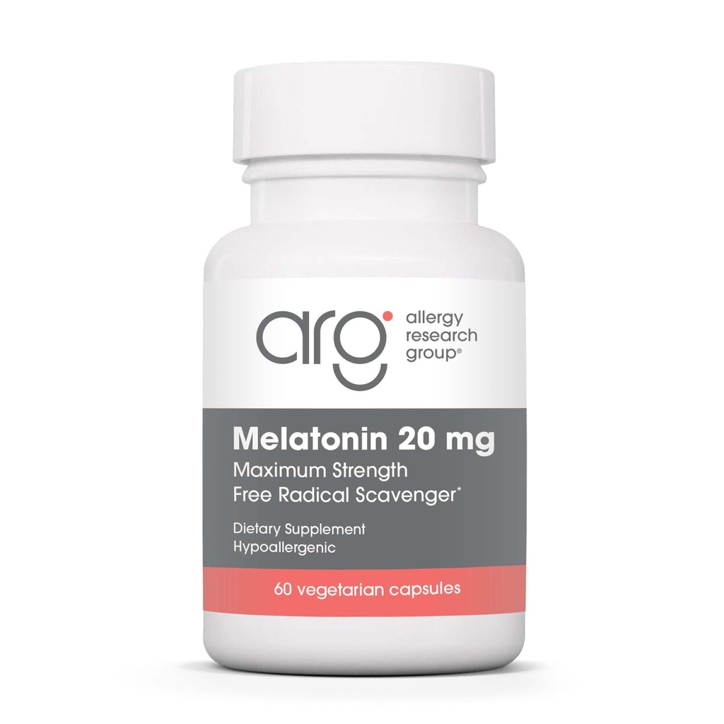Allergy Research Group Melatonin 20mg - Pure Melatonin, extra styrka för vuxna, sömnhjälp, hög dos, vegetariska kapslar - 60 greve