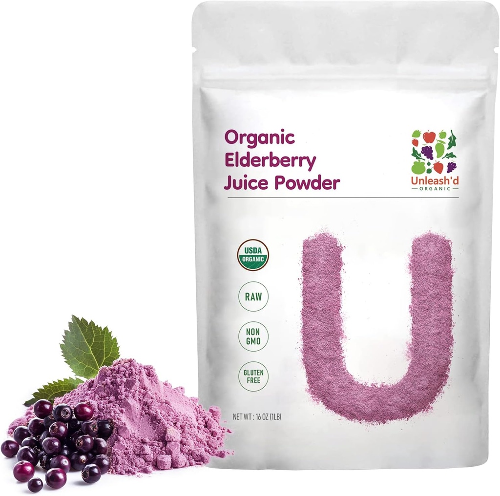 UNLEASH'D ORGANIC Organic Elderberry Juice Powder 16 oz 100% ren naturlig grön mat, rik på antioxidanter och multivitaminer, höga antioxidanteffekter, anti-inflammatoriska