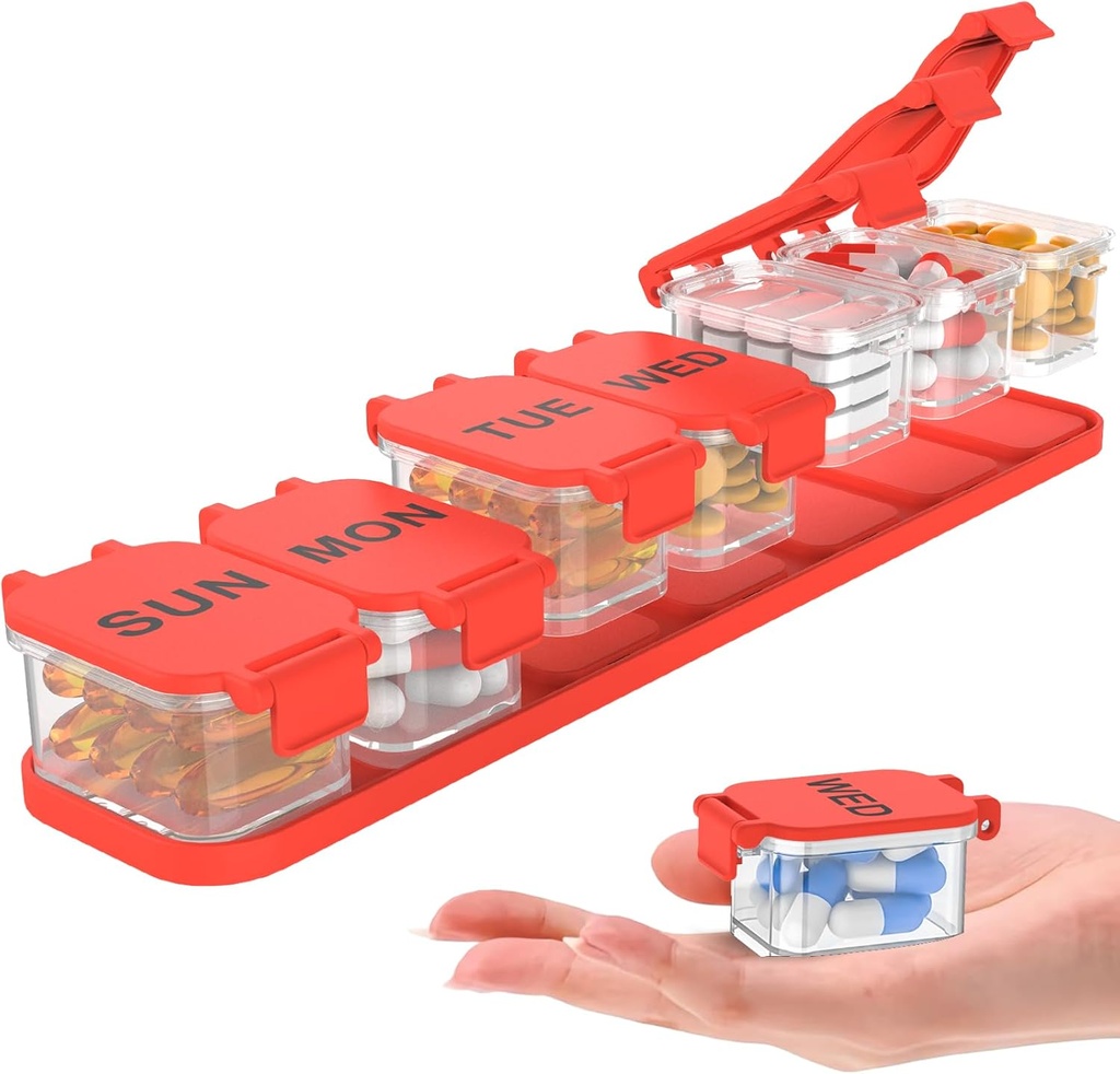 Extra Large Weekly Pill Organizer - Vattentät 7-dagars Pill Box, Portable Vitamin & Supplement Case, Lätt att Öppna Design, Perfekt för Att Resa En Daglig Medicinering Management (Red)
