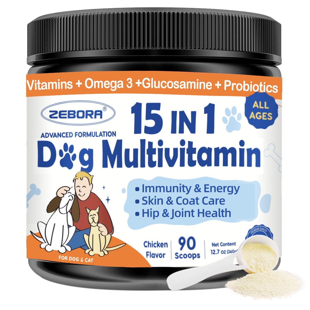 ZEBORA Dog Multivitaminpulver med Glukosamin, Dog Vitaminer och tillskott för immunstöd, hud- och rocktillskott med Omega 3 för allergihjälp, probiotika för Digestive & Gut Health