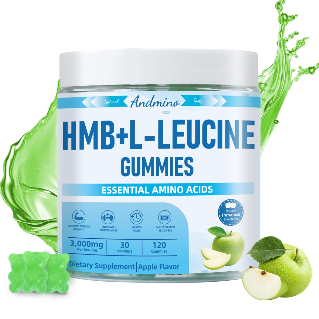 HMB och L-Leucine Gummies, 3000mg, med Trehalose, för muskeltillväxt, muskelavlastning och träningsåterhämtning, för vuxna och äldre, icke-GMO, Vegan, Gluten Free, Apple Flavor, 120