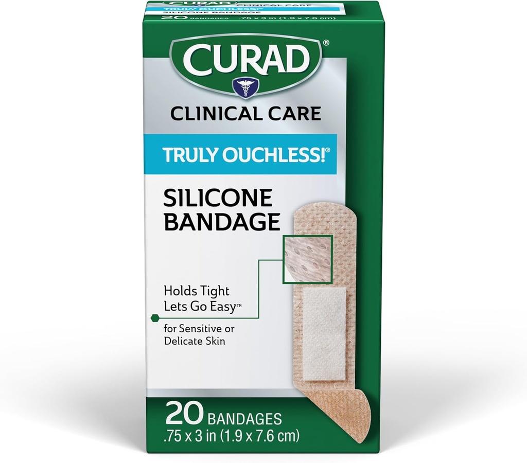 CURAD Truly Ouchless!® Silicone Bandages, .75" x 3", För känslig eller känslig hud, flexibel tyg, skyddar skrapor, skär och brinner, 20 greve