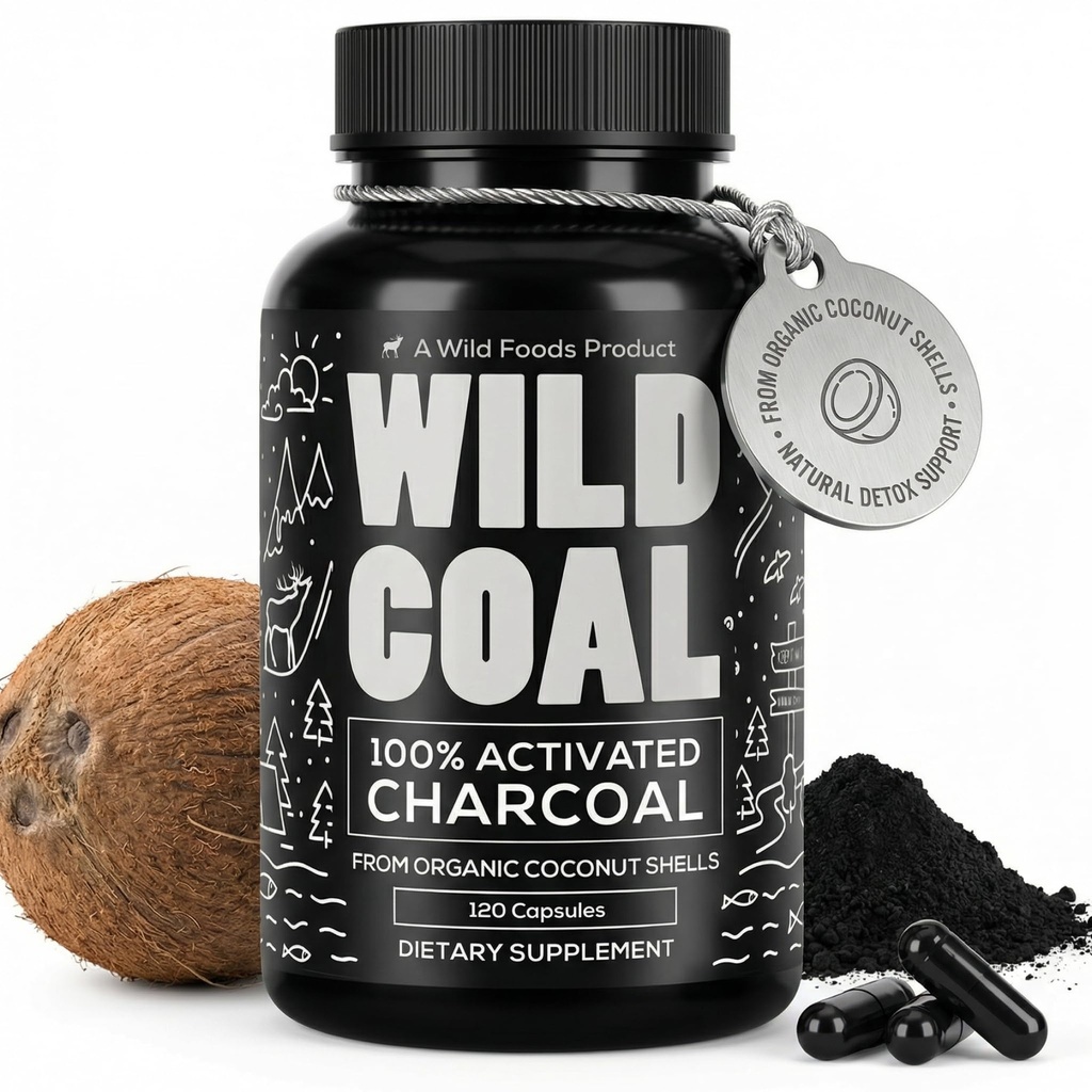 Wild Foods Activated Charcoal Capsules | 100% Organic Coconut Shells Active Tablets för Bloating & Hangover | Lab Tested & Non-GMO Detox Pills | Made in USA (120 kapslar)