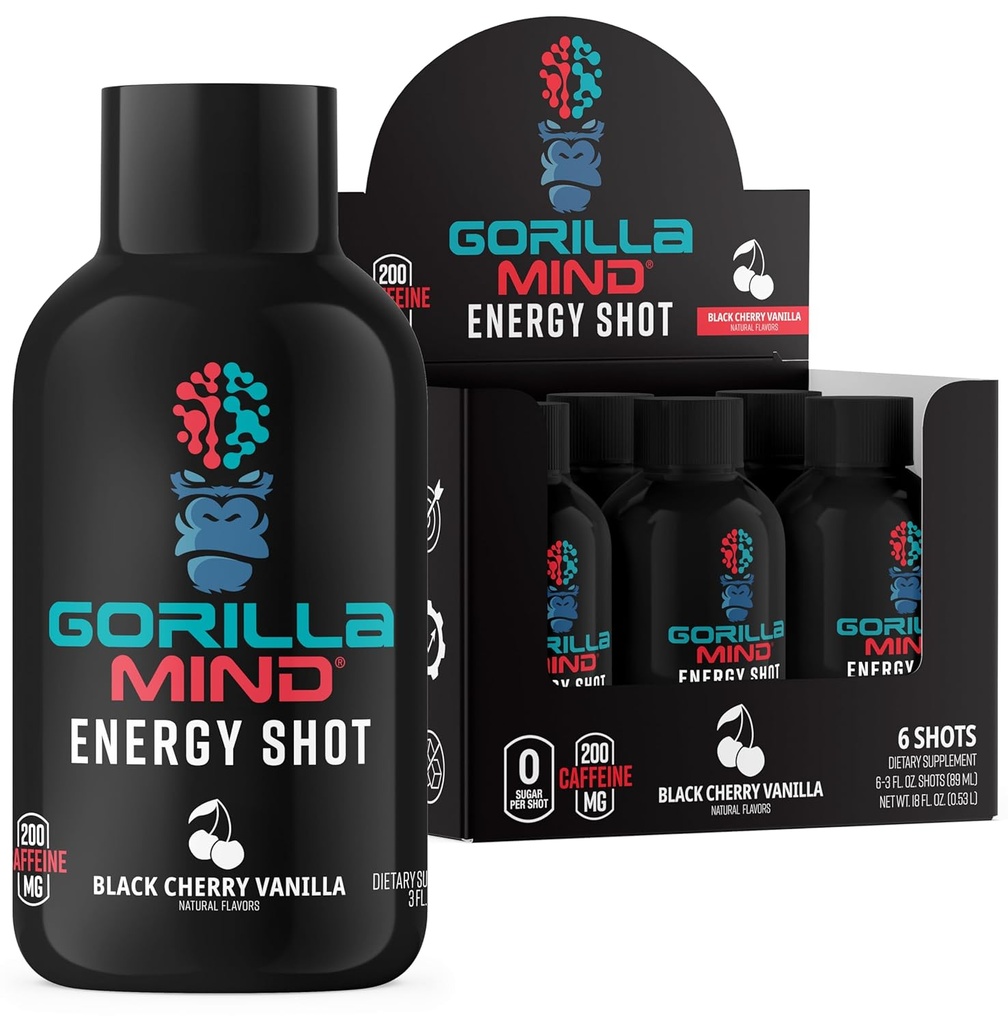 Gorilla Mind Energy Shots (Pack of 6) - Förbättrad fokus och energi, sockerfri, snabbverkande, potent formel med vitaminer och naturliga extrakt (Black Cherry Vanilla)