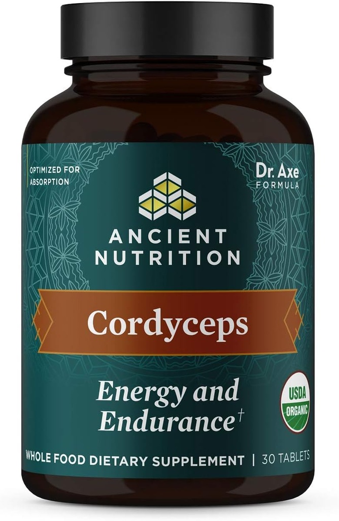 Forntida näringsorganiska Cordyceps tabletter, gjorda med Ashwagandha, stöder energi och uthållighet, Gluten Free, Vegan, Paleo och Keto Friendly, 30 greve