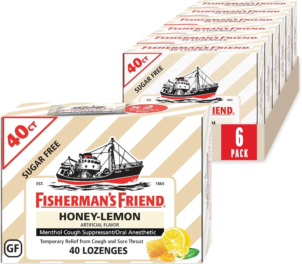 Fisherman's Friend Cough Drops, Cough Suppressant and Sore Throat Lozenges, Sugar Free Honey-Lemon, 5.52mg Menthol, 240 Drops (6 Packs of 40)