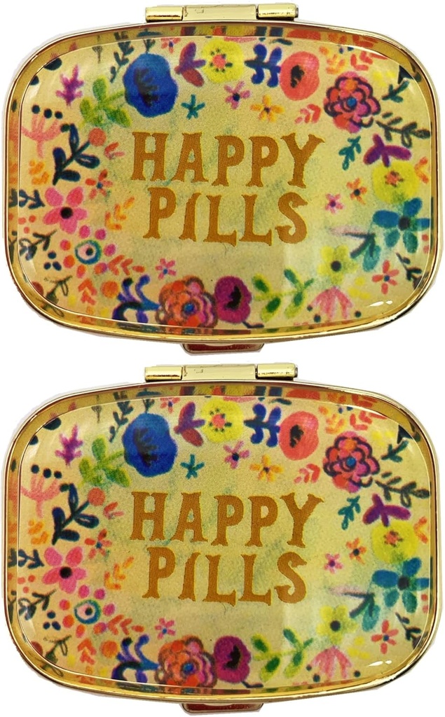 2 Packs Vintage Pill Organizers Metal Retro Pill Boxes Cute Pill Cases for Purse/Pocket Portable Compact to Hold Vitamins/Tylenol/Supplements/Meds/Tablet (Happy Pills with Mirror Inside)
