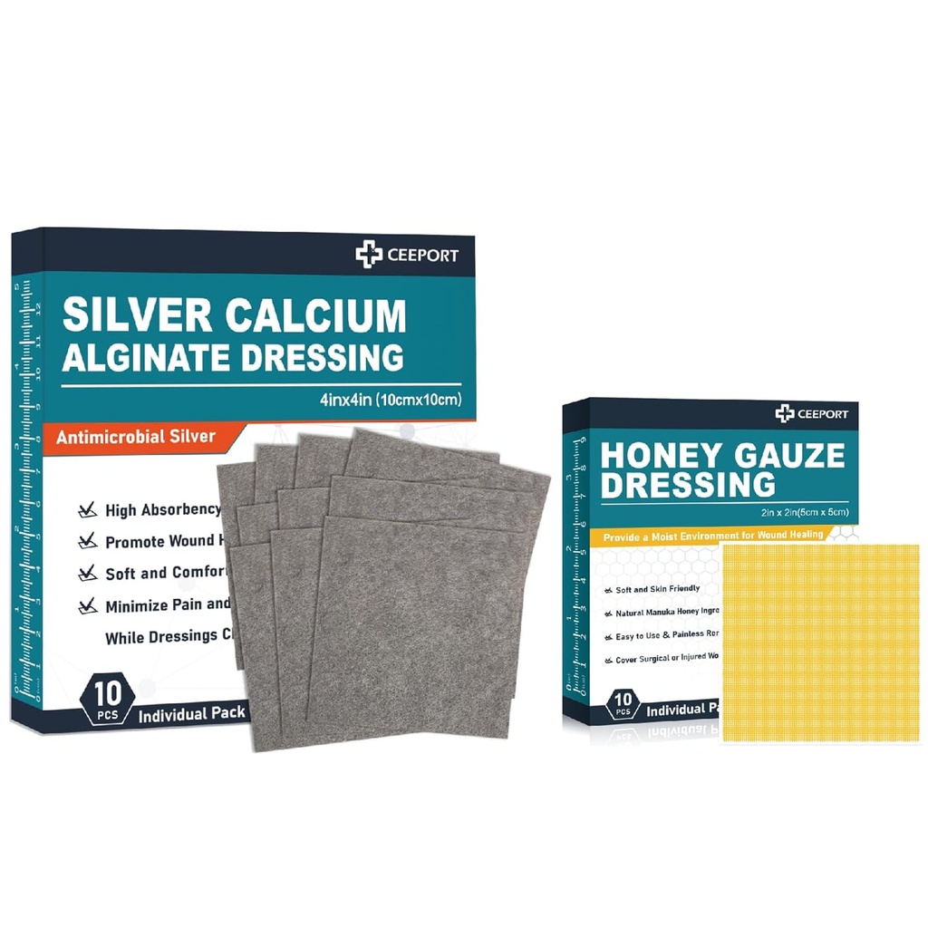 Silver Calcium Alginate Dressing (4'x4''10pcs) +Manuka Honey Gauze Dressing (2" x 2" 10pcs)