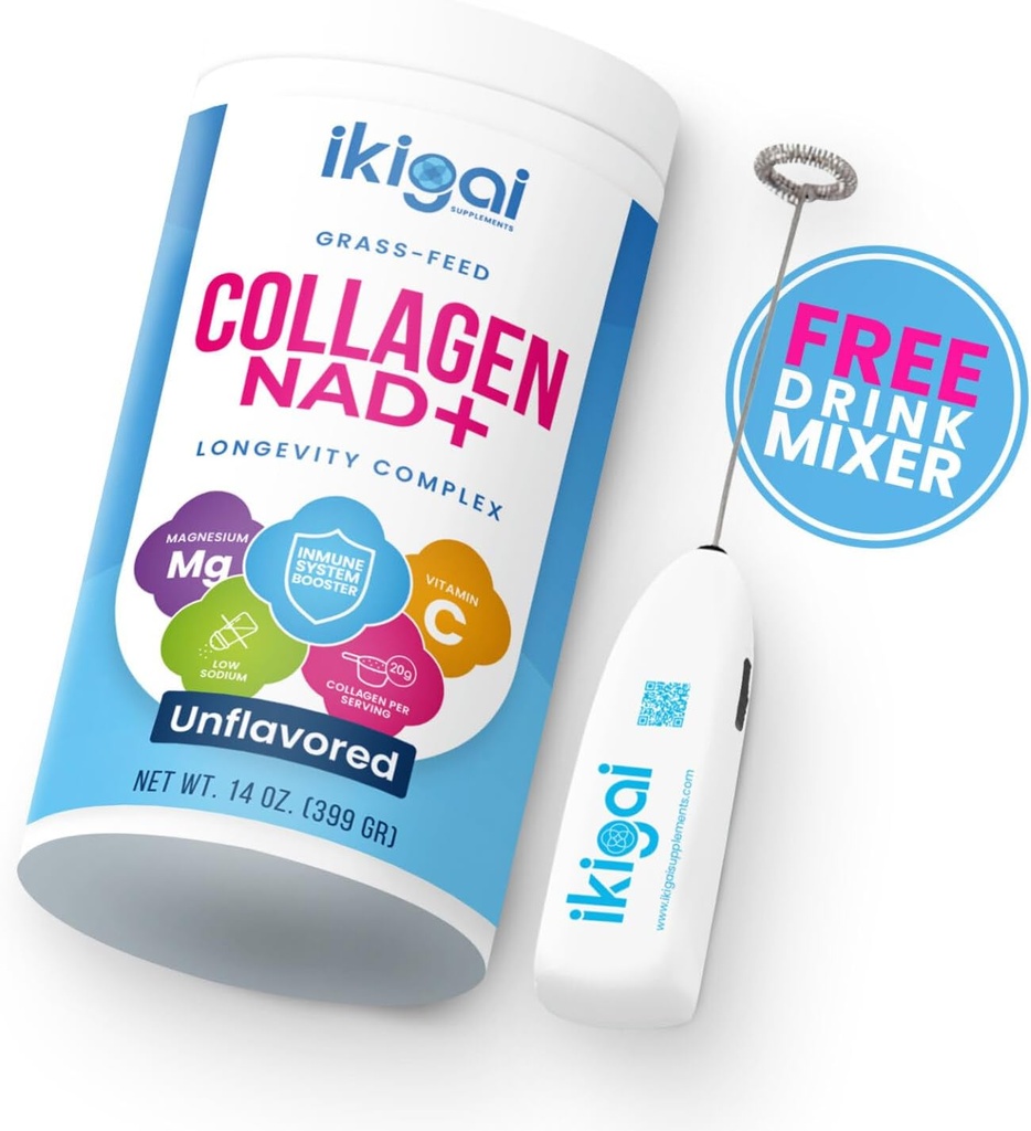 Ikigai Collagen med NAD + (30 portioner) - Icke-GMO, Gluten-Free, Paleo, Kosher - Ingen smak, Inkluderar Gratis Drink Mixer