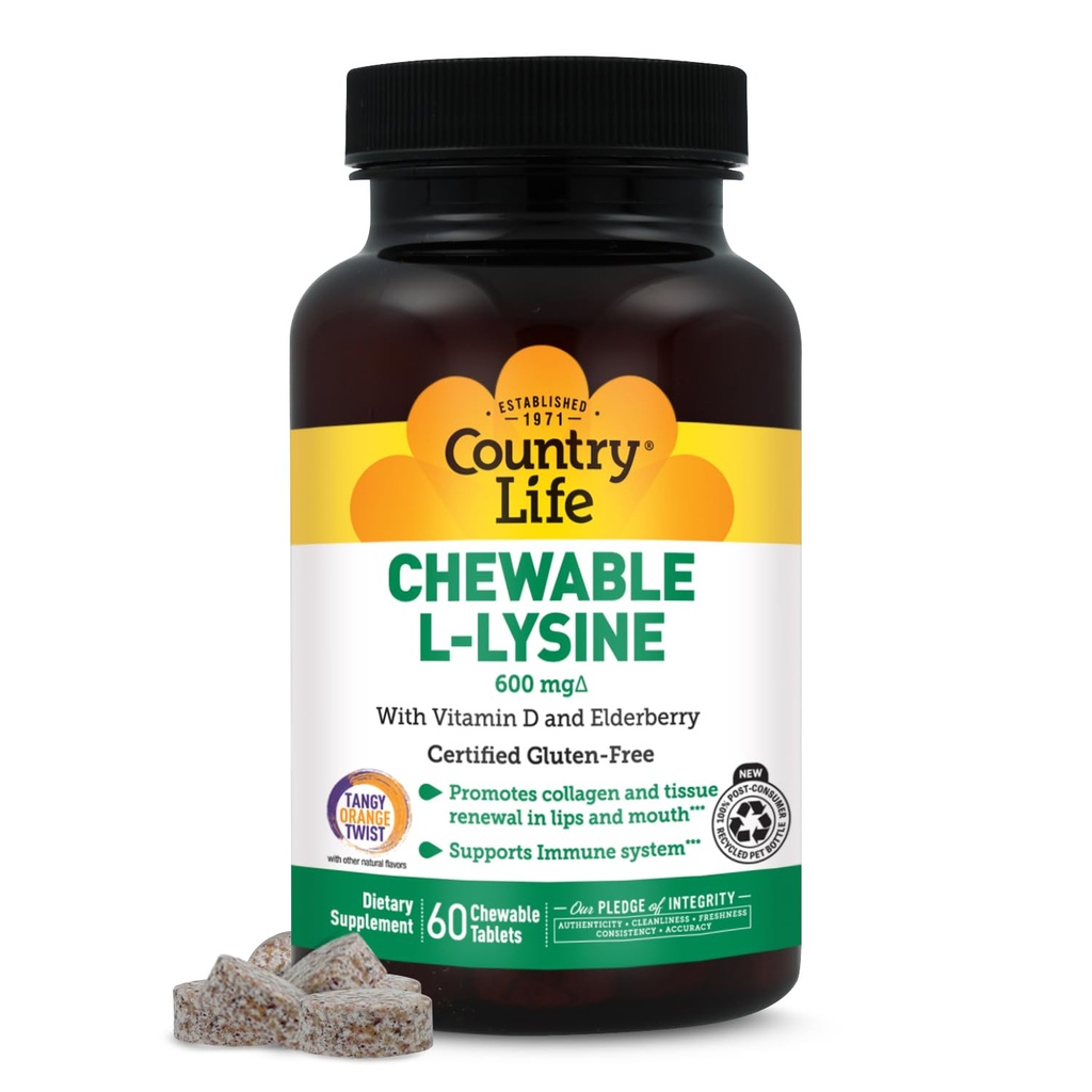 Country Life Chewable L-Lysine Supplement med vitamin D och Elderberry, Immune Support och Collagen Renewal for Skin Tissue, idealisk för vuxna