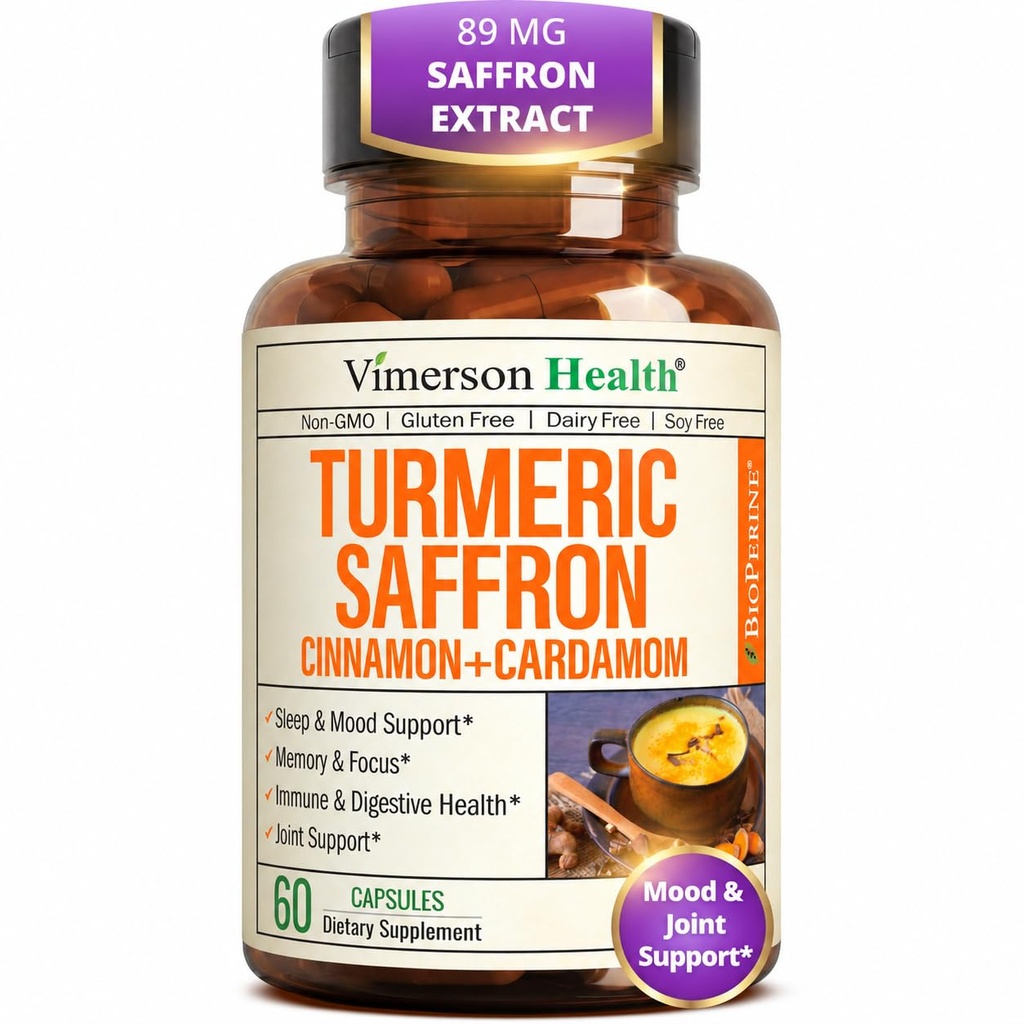 Saffron Supplements - 89mg Saffron Extract och 1000mg Tumeric Blend - Gurkmeja Supplement med Ceylon Cinnamon och kardamom för humör, minne och ögonhälsa - gemensamma kosttillskott för kvinnor och män - 60 Count