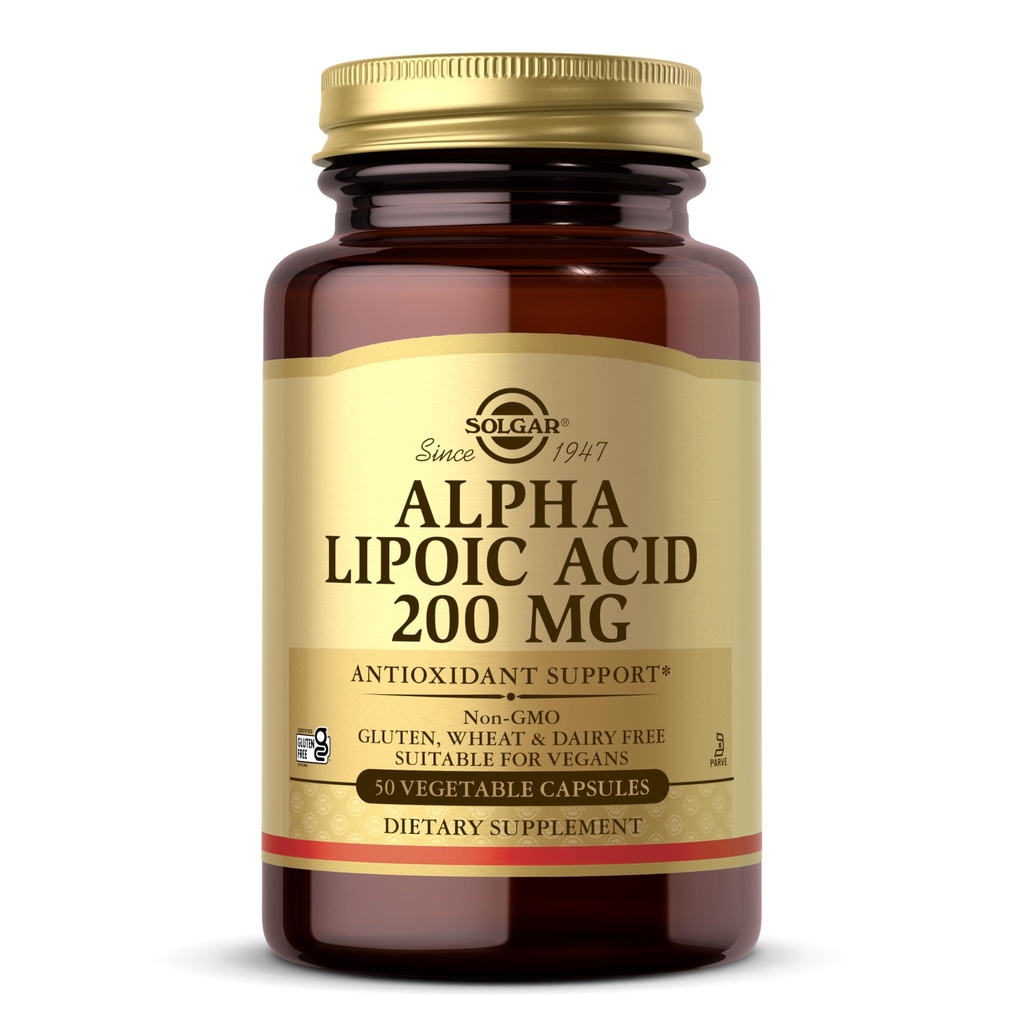 Solgar Alpha Lipoic Acid 200 mg, 50 Vegetabiliska kapslar - Antioxidant Support - Hjälper till att återvinna Glutathione, Vitamin C & E, CoQ-10 - Icke-GMO, Vegan, Gluten Free, Dairy Free, Kosher - 50 portioner