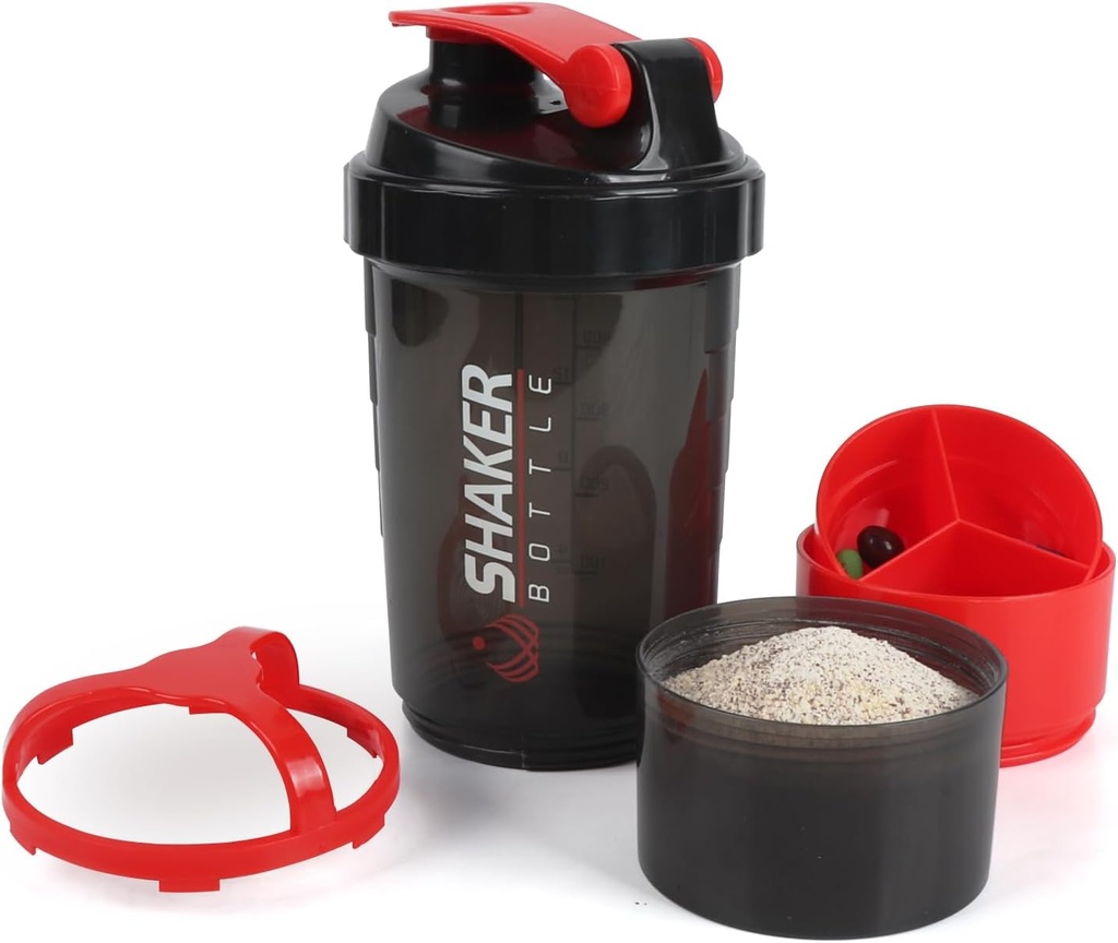 Shaker Bottle,16oz Protein Shaker Bottles med Mixing Ball, 3 i 1 Leak-proof GYM Shake Cup med Powder Storage & Pill Tray, idealisk för träning, BPA Free (Red)