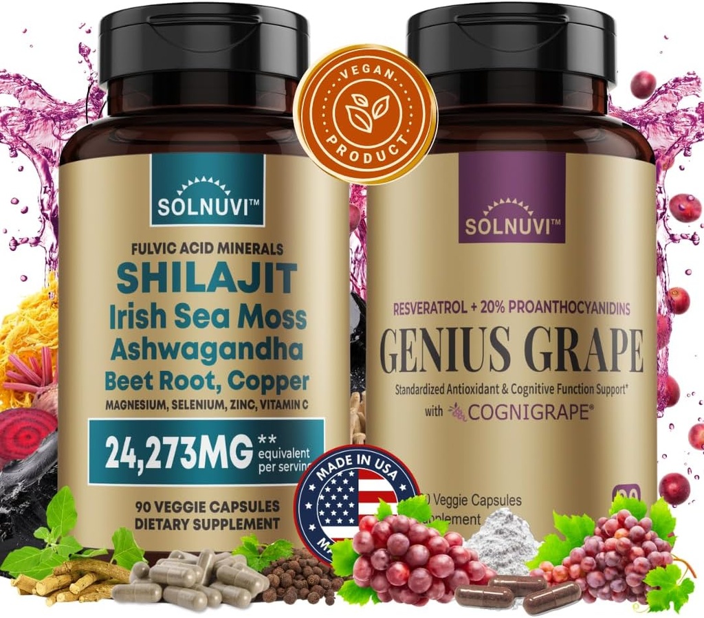 Kognitiv Wellness Bundle - Resveratrol Complex & Shilajit Fulvic Acid Minerals - Sea Moss, Ashwagandha, kliniskt testad kognigrape Red Grape Extract - Non-GMO, Gluten-fri, Vegan Supplement