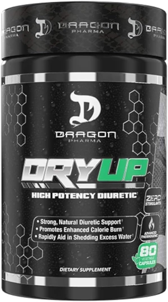 DRAGON PHARMA DryUp, High Potency Diuretic & Thermogenic Matrix, Flexibel användning, Stim-Free Supplement, Perfekt för att förbereda sig för konkurrens eller fotografier (80 kapslar)