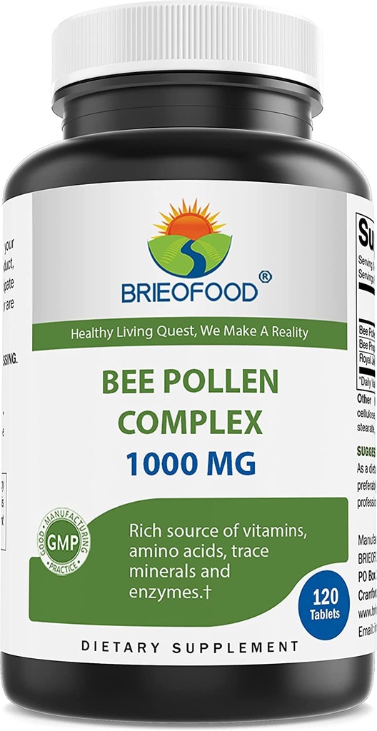 Brieofood Bee Pollen Komplex 1000 mg 120 tabletter - Tillverkad med Bee Pollen, Bee Propolis och Royal Jelly Powder