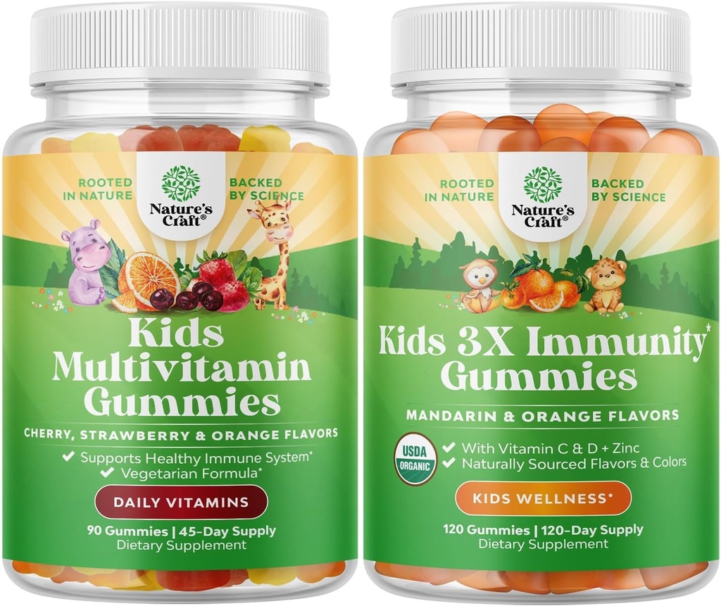 Bundle of Plant Based Kids Multivitamin Gummies - med vitamin A, C, D3, E, B6 & B12, Zink & Iodine och Organic Kids Immune Support Gummies - Vegan Organic Vitamin D med vitamin C och Zink