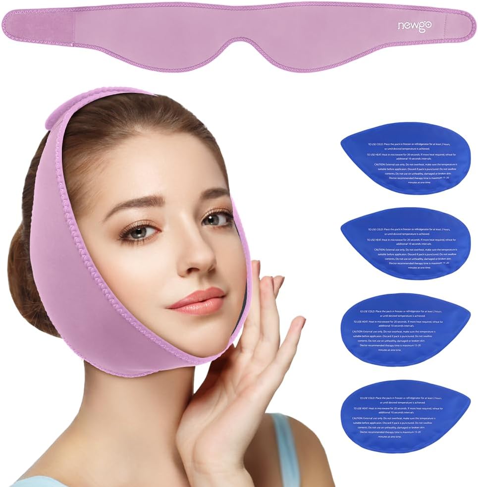 NEWGO Wisdom Teeth Ice Pack Head Wrap för Face Oral Surgery, Jaw Ice Pack för ansikte med 4 Hot Cold Gel Pack för TMJ, Tand Extraction, Tonsillectomy Recovery - Purple