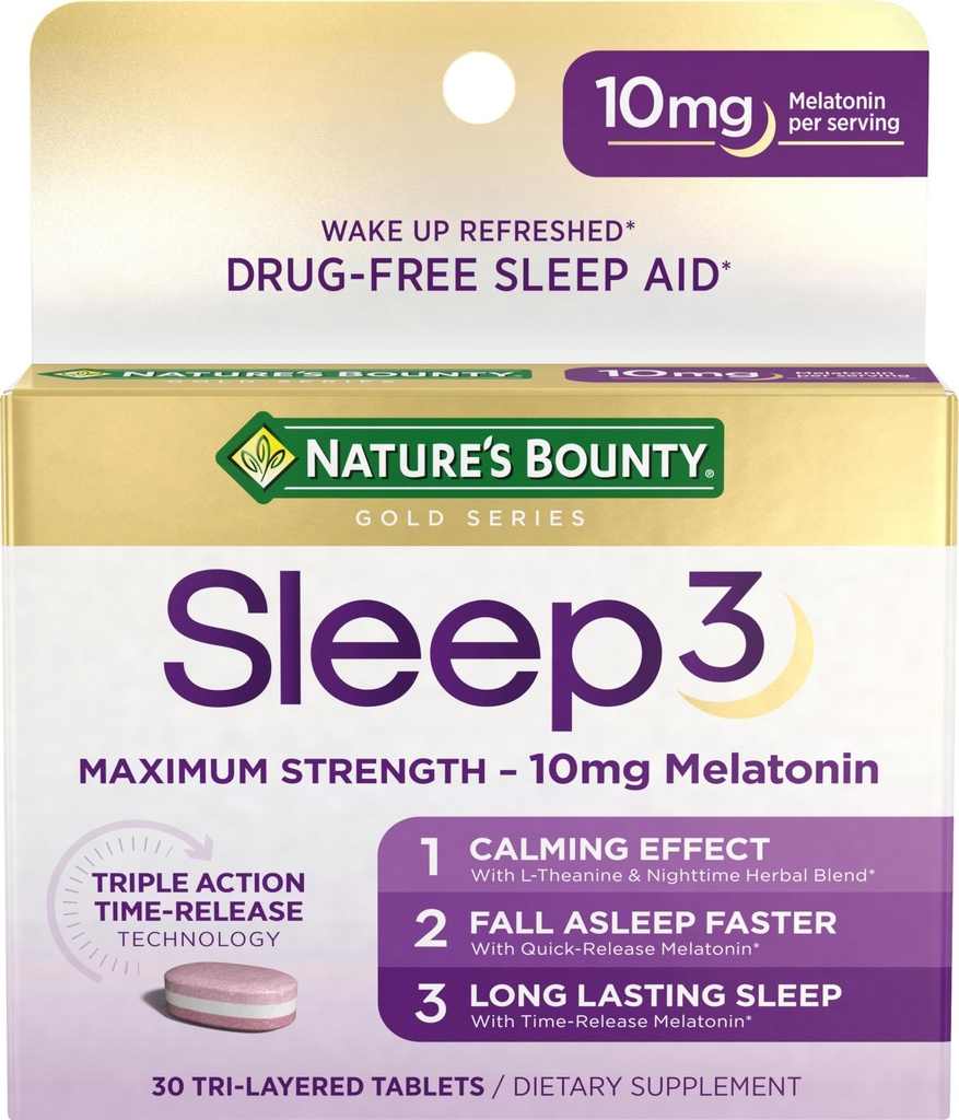 Naturens Bounty Melatonin, Sleep3 Maximal Styrka 100% Drug Free Sleep Aid, L-Theanine & Nighttime Herbal Blend Time Release Technology, 10mg, 30 Tri-Layered tabletter