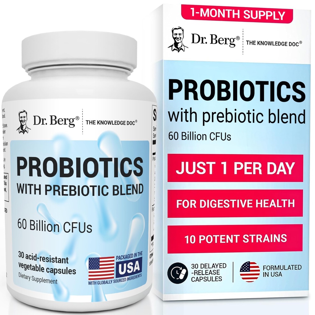Dr Berg Probiotic Supplement (60 miljarder CFU) - Hjälper till att lindra yrkesmässig förstoppning, Diarré, Gas & Bloating * - Pre och Probiotika för Digestive Health - 30 Probiotiska kapslar