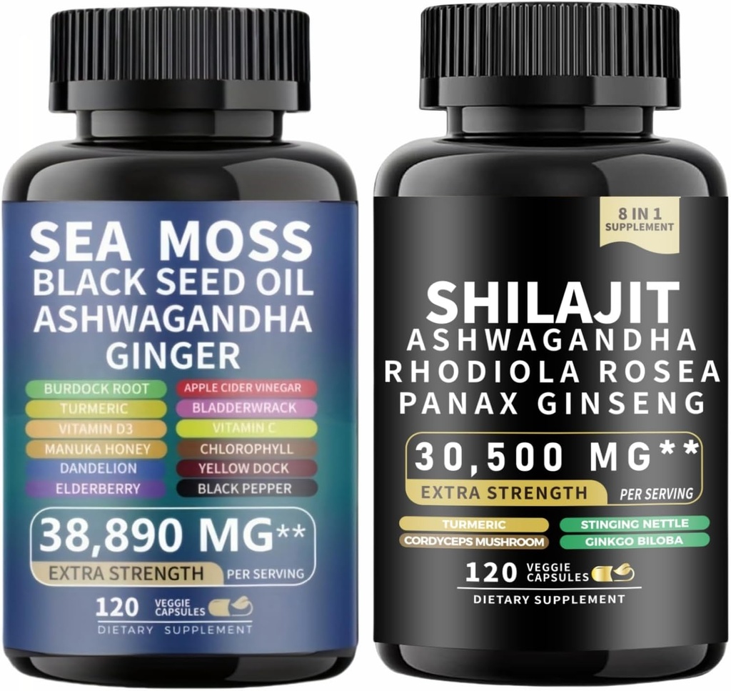 Sea Moss and shilajit Sea Moss Black Seed Oil Ashwagandha Ginger&shilajit rhodiola rosea panax Ginseng (120 Count)