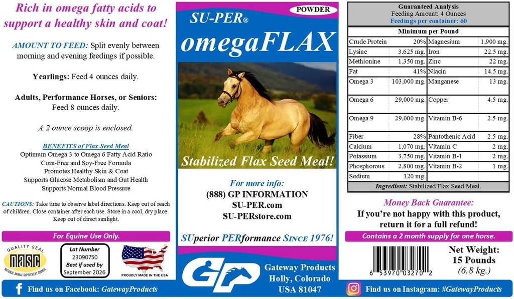 SU-PER OmegaFLAX Flax för hästar - Premium Stabilized Flax Seed Meal & Omega 3 Supplement - Stöder Hälsosam hud & Coat - 15 pund