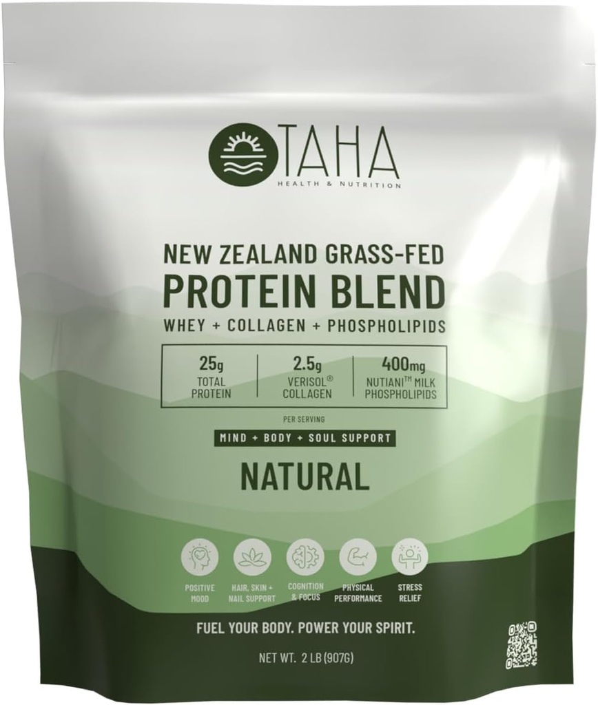 Taha Health & Nutrition Mind + Body Protein Blend - Naturlig, Osmakad | 25g Protein från Whey & Collagen + 400mg Milk Phospholipids | Grass-Fed, Free-Range Nya Zeeland Dairy | 2LB
