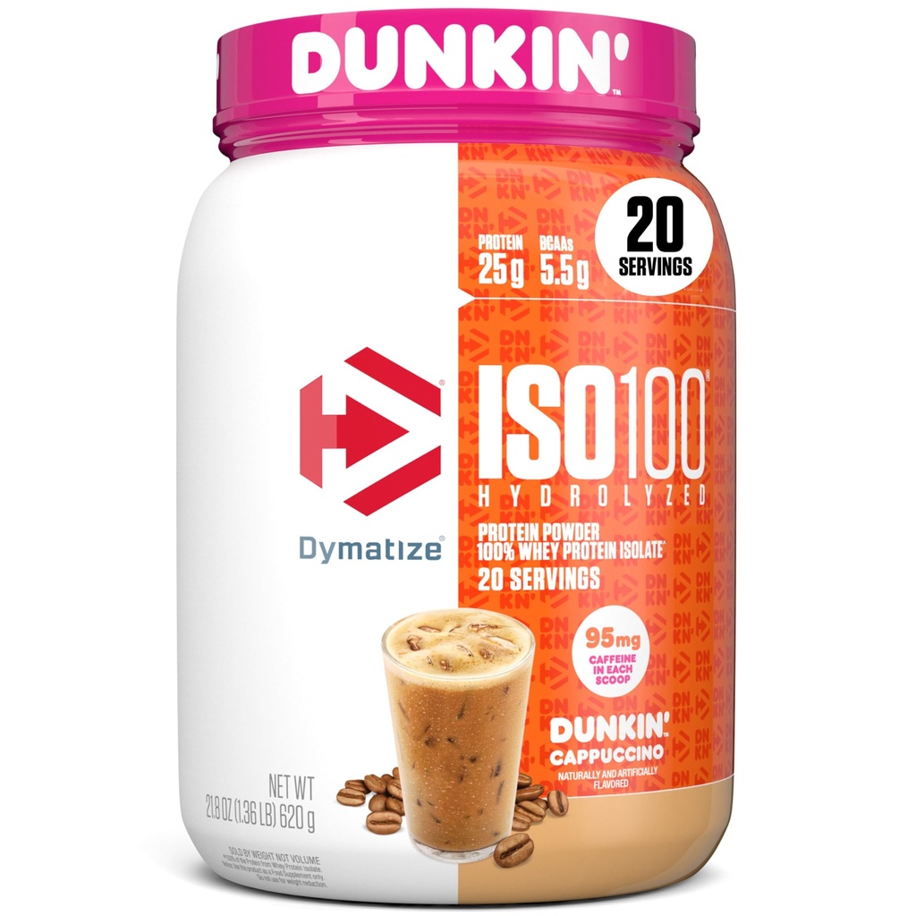 Dymatize x Dunkin' Cappuccino ISO100 Whey Protein Powder, 95mg koffein, 25g Protein5.5g BCAAs, 120 Cal., Gluten Free, 1g Fat, 1g Sugar, 2g Carb (20 portioner)