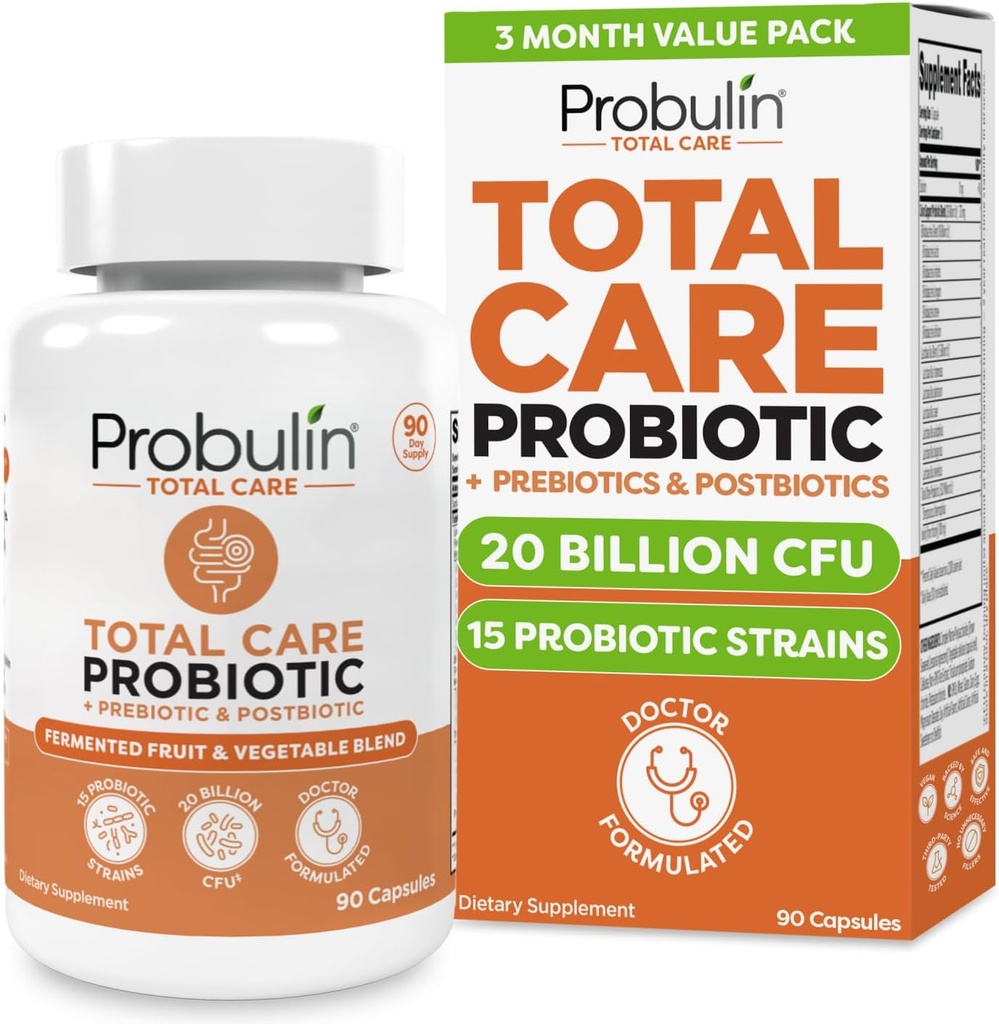 Probulin Total Care Probiotic Supplement, Daily Gut, Digestive, and Immune Health Probiotics Capsules for Men and Women, 20 Billion CFU, Vegan, 90 Count Bottle