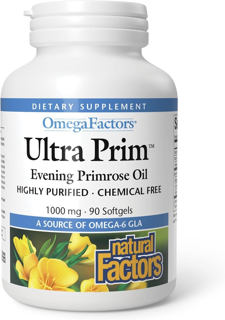 Naturliga faktorer Ultra Prim Evening Primrose Oil 1000mg, en naturlig källa av Omega-6 GLA, 90 Softgels