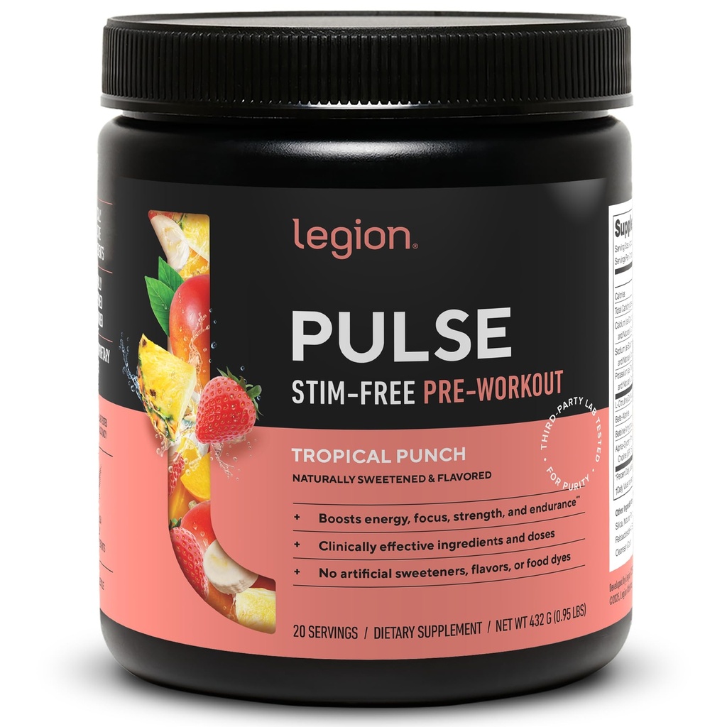 LEGION Pulse Pre Workout Supplement - All Natural Nitric Oxide Preworkout Drink för att öka energi, kreatinfri, naturligt sötad, Beta Alanine, Citrulline, Alpha GPC (Caffeine Free Tropical Punch)