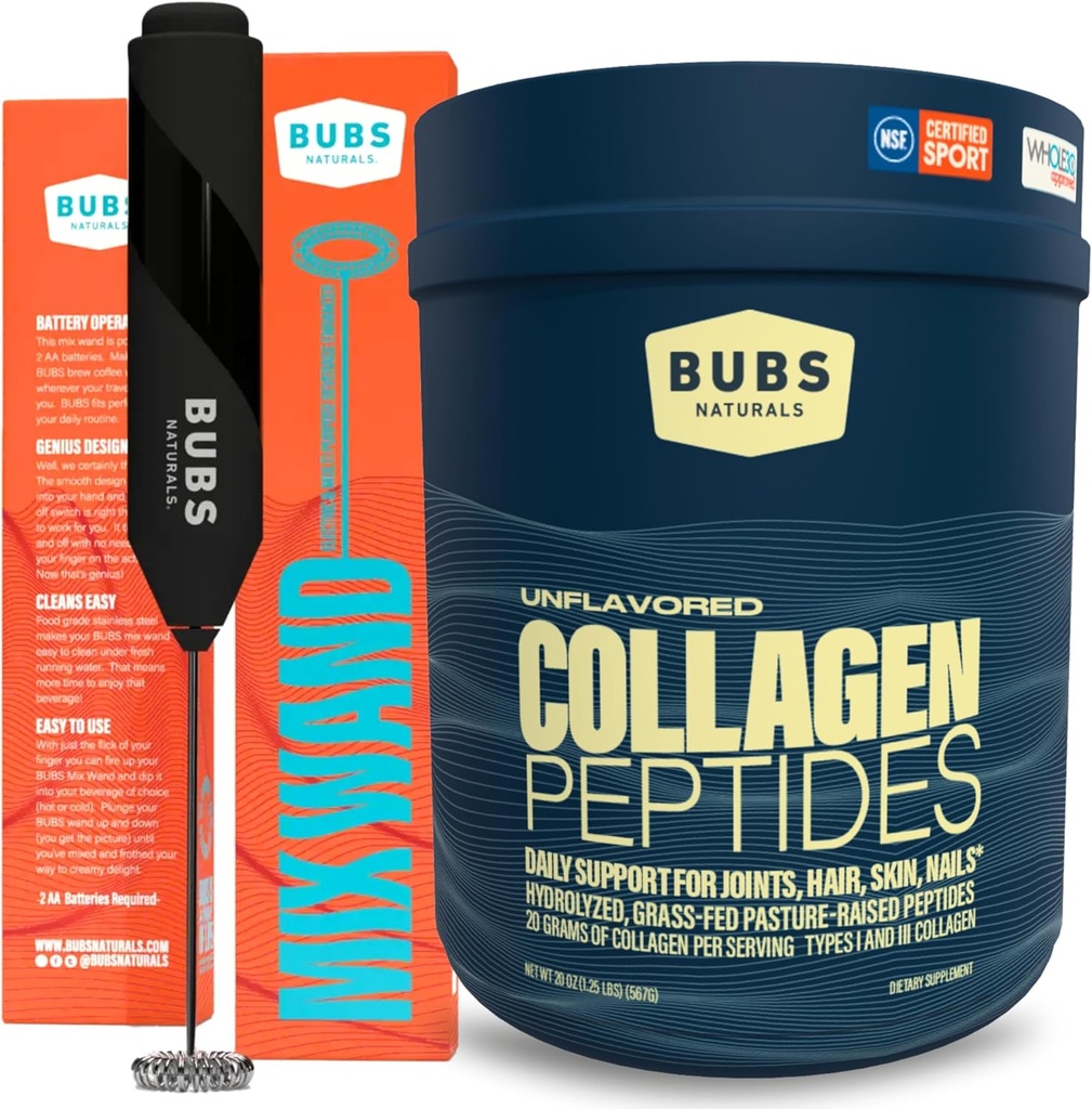 BUBS Naturals Collagen Peptides Powder & Mixing Wand Bundle, Collagen för kvinnor och män, Hydrolyzed Peptides, Unflavored Pasture Raised Grass Fed, Keto Friendly, 20 oz Collagen Tub (28 portioner) +1 Wand