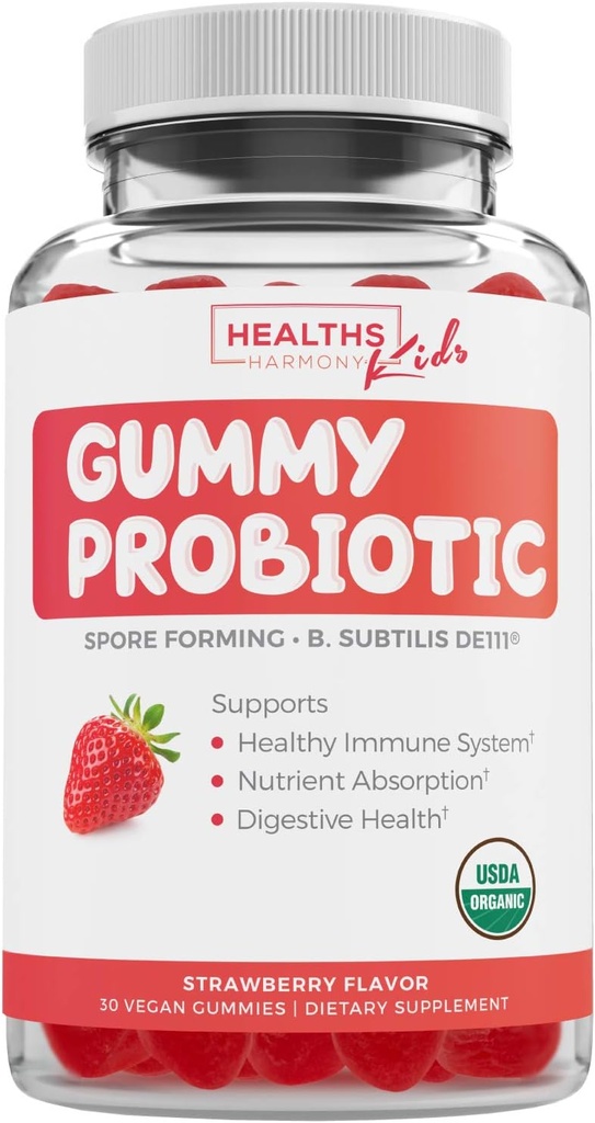 USDA Organic Probiotics for Kids (Non-GMO) Strawberry Flavor Kids Probiotic Gummies for Digestion & Immune Support - 2.5 Billion CFU of DE111 Spore Forming Strain for Maximum Survivability - 30 Gummys