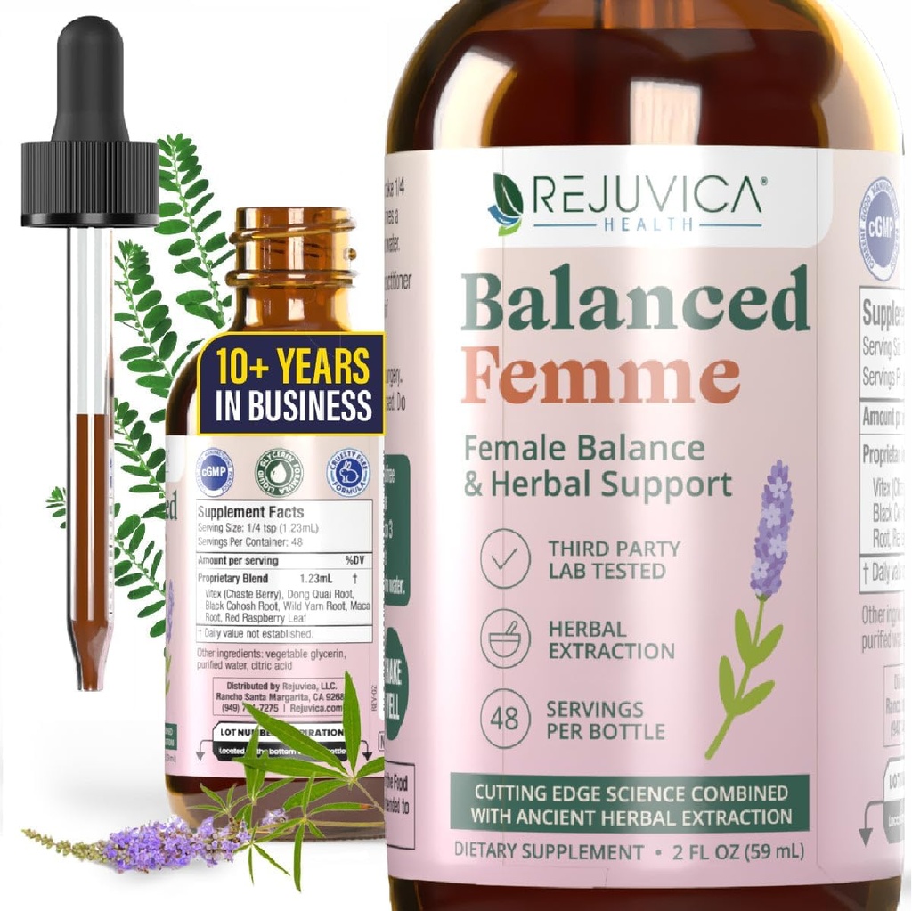 Rejuvica Health Balanced Femme - Advanced Female Balance Support Supplement - Liquid Delivery för bättre Absorption - Vitex, Dong Quai, Black Cohosh, Maca Wild Yam & More!