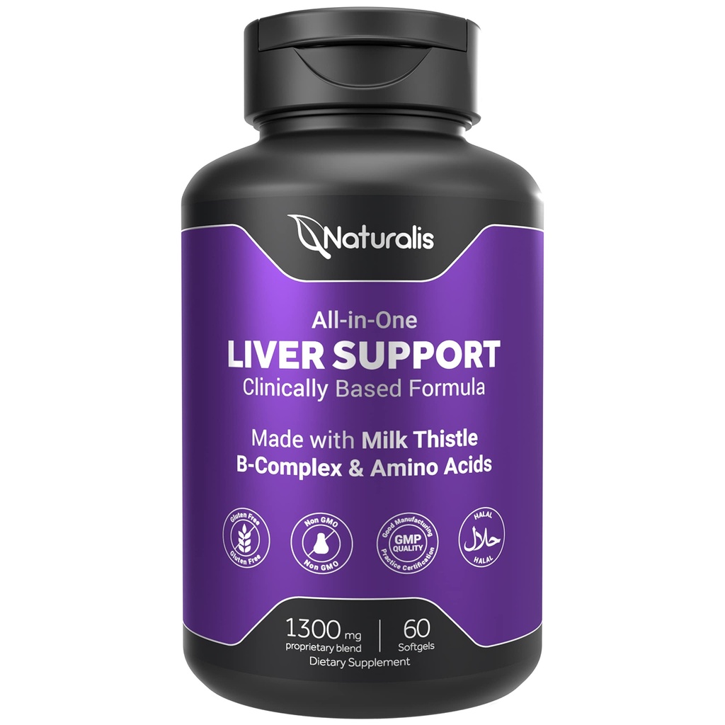 Naturalis Silymarin Milk Thistle 1300mg Förbättrad med B Complex & Aminosyror | 13-i-1 Liver Cleanse, Detox & Repair | 60 Liver Essential Softgels