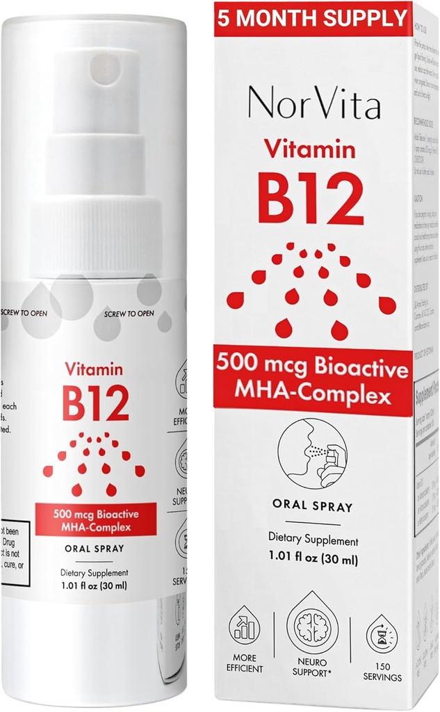 Vitamin B12 Spray 500 mcg (150 portioner) - Snabb Absorption MHA Complex (Methylcobalamin, Hydroxycobalamin, Adenosylcobalamin) - Vegan, icke-GMO, Liquid B12 Supplement