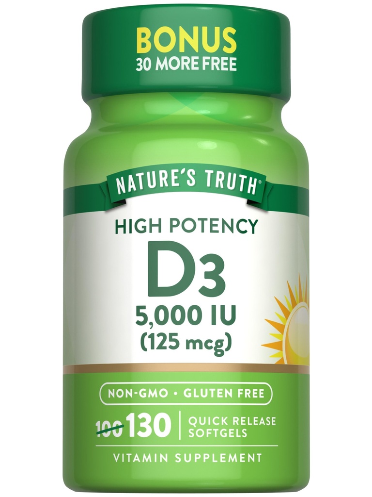 Naturens sannings vitamin D3 5000 IE Softgels | 130 greve | Hög styrka | Non-GMO & Gluten fri tillägg