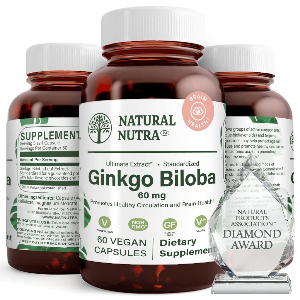 Natural Nutra Ginkgo Biloba, förbättrar cirkulationen till hjärnan och ökar minnet, ökar syreflödet och förbättra hjärnans funktion, stödja nervhälsa, vegan och glutenfri, (60) kapslar