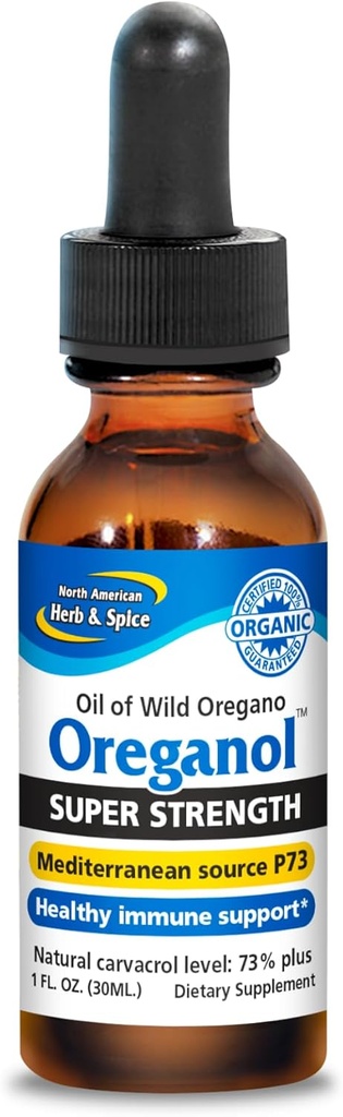 NORTH AMERICAN HERB & SPICE Super Strength Oreganol - 1 m. oz. - Oprocessed, Wild, Organic Oregano Oil - Medelhavskälla P73 - Icke-GMO - 432 portioner