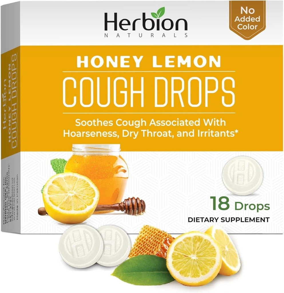 HERBION Naturals Cough Drops, Dietary Supplement, Soothes Cough, for Adults and Children Over 6 Years, No Artificial Flavor, No Added Color (18 Count (Pack of 1), Honey Lemon)