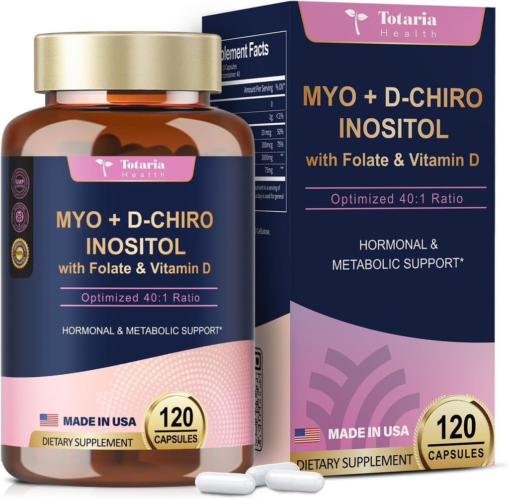 Totaria Inositol Supplement - 3075mg Myo-Inositol & D-Chiro Inositol Capules Plus Vitamin D3, Folate, Ideal 40:1 Ratio - Hormonal Balance för kvinnor & Ovarian * Support | Vegan, Icke GMO - 120 Caps