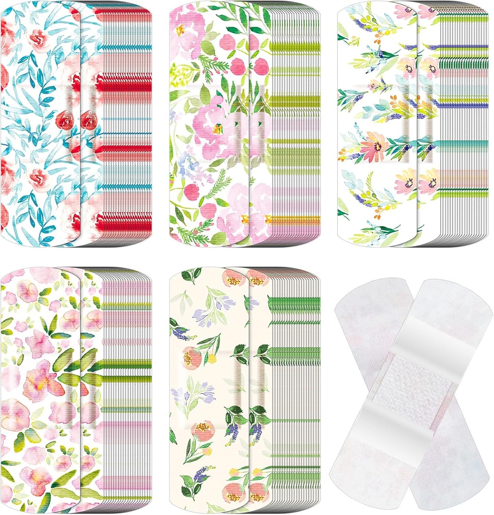 120 Pcs Fabric Adhesive Flexible Bandages Bulk Assorted Shapes and Patterns Small Colorful Pretty Fabric Bandages with Non Stick Pad 3 x 1 Inch for Cuts Wound Scrapes Women (Flower)