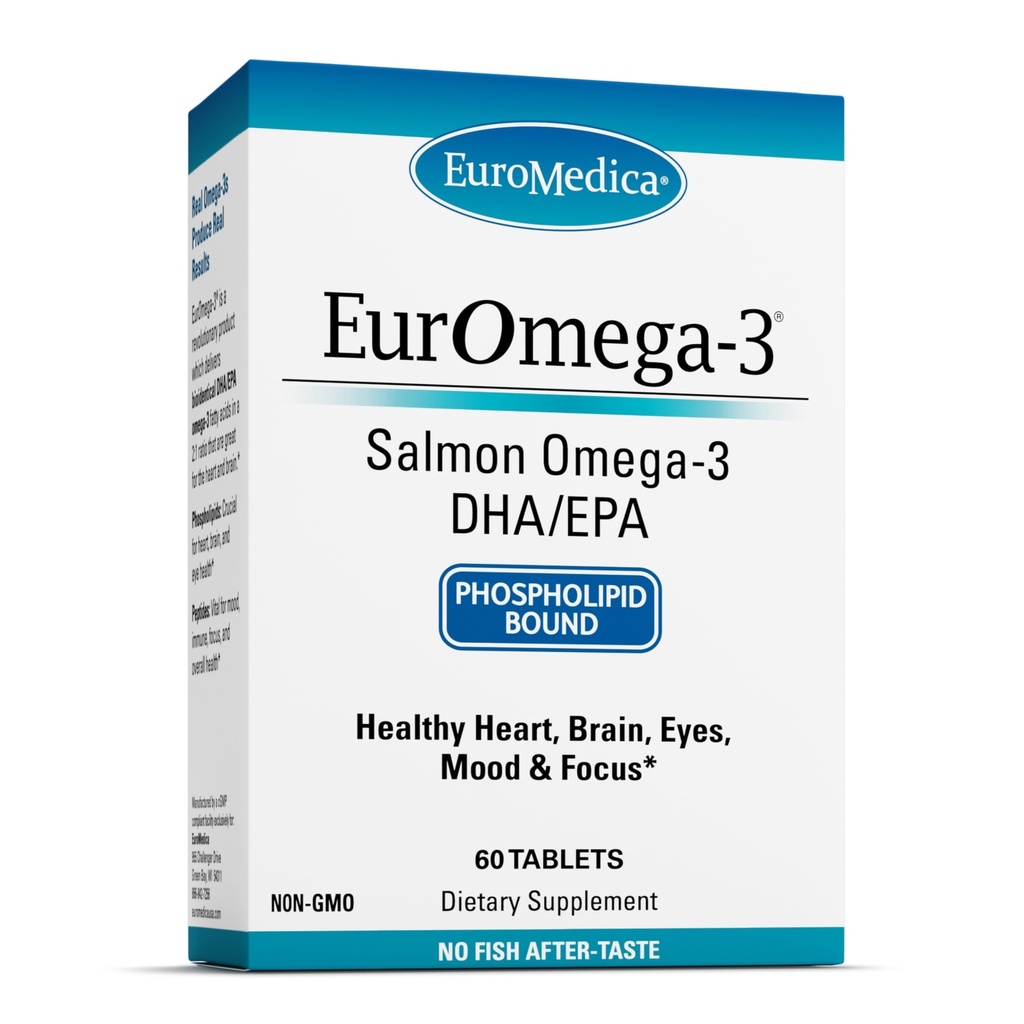 EuroMedica EurOmega-3 - Kosttillskott med EPA & DHA - Omega-3 tabletter för hjärn- och hjärthälsostöd - Näringstillskott med väsentliga fettsyror och peptider - 60 tabletter