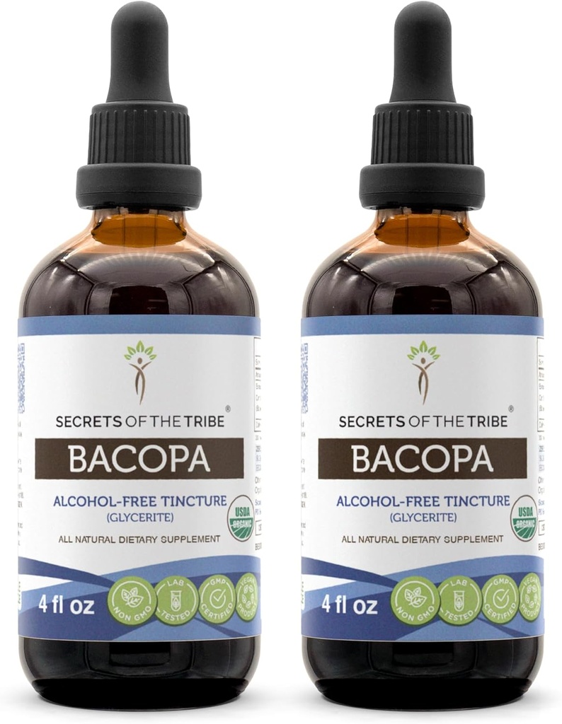 Hemligheter av stammen Bacopa USDA Organic | Alkoholfri extrakt, hög-potens Herbal Drops | Tillverkad av 100% certifierad organisk Bacopa (Bacopa Monnieri) Torkade Herb 2x4 oz