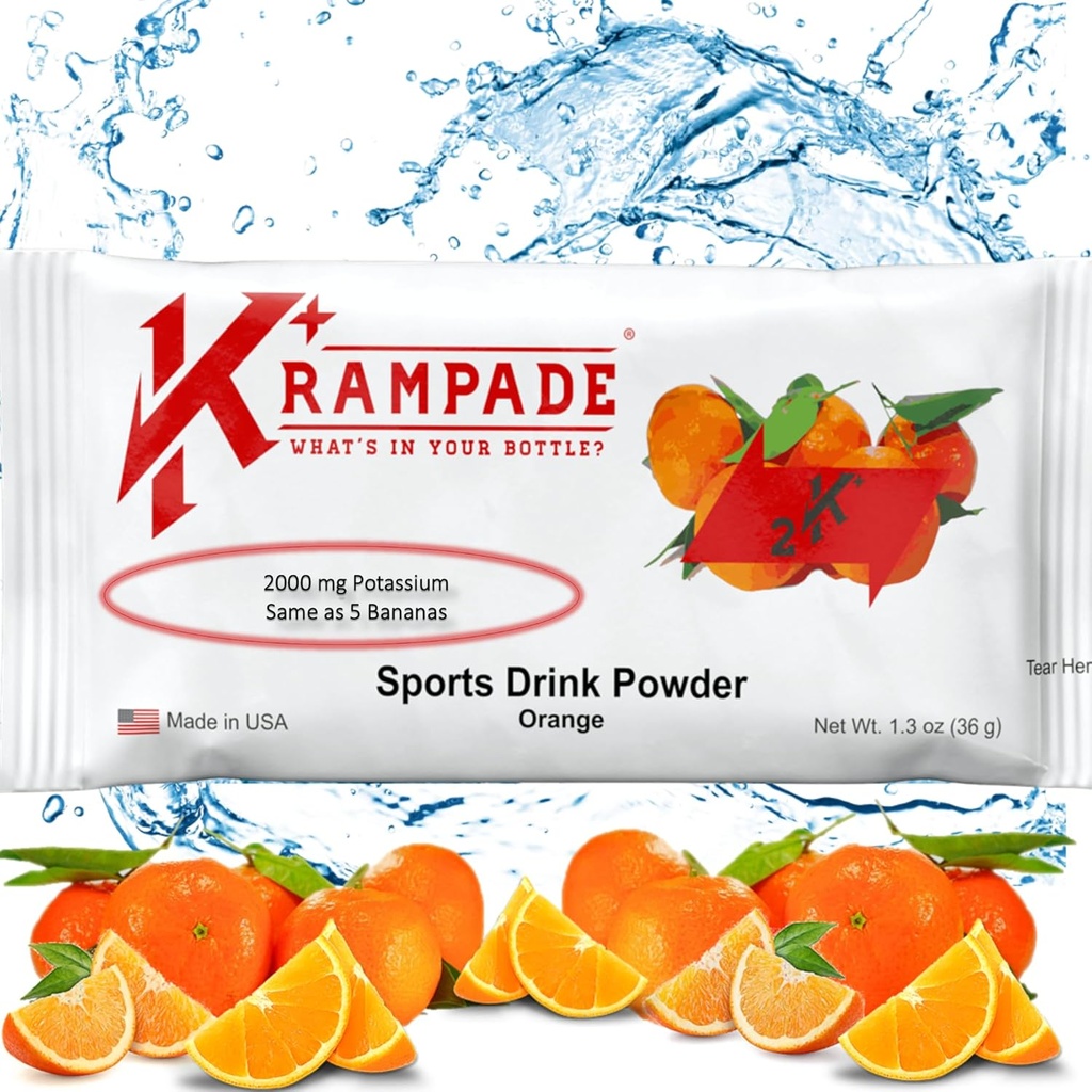 Krampade Original 2K - 2000 mg Kalium Electrolyte Powder Drink Mix | Cramp Relief - Hydration - Ökad prestanda | Orange - 20 Single Serving Packets